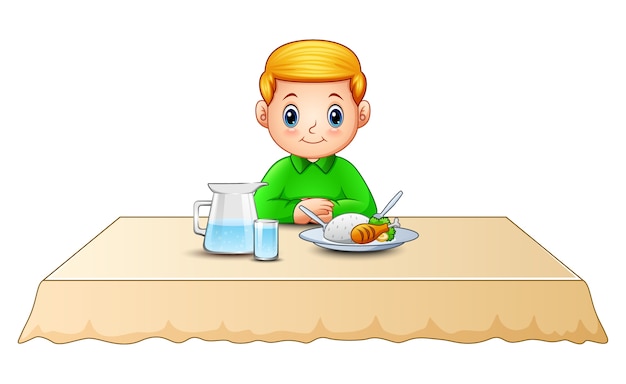 Vector cute little boy cartoon eating on dining table