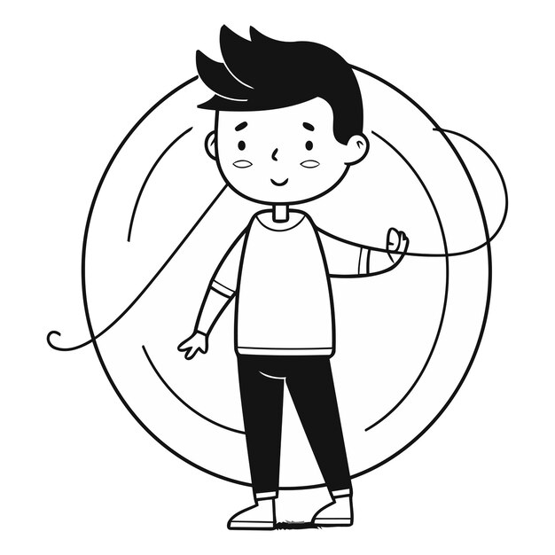 cute little boy cartoon vector illustration graphic design in black and white