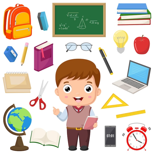 Cute little boy cartoon with school supplies