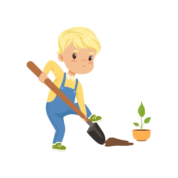 Милый маленький мальчик копает дыру лопатой, чтобы посадить вектор саженцев Иллюстрация изолирована на белом фоне