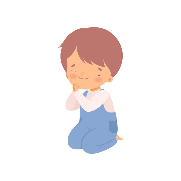 Vector cute little boy character praying standing on his knees cartoon vector illustration on white background