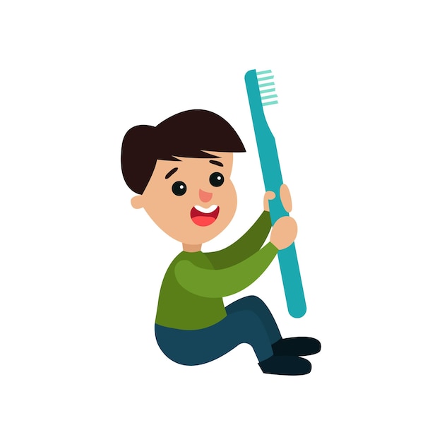 Cute little boy character sitting on the floor and holding giant toothbrush, cartoon vector Illustration isolated on a white background