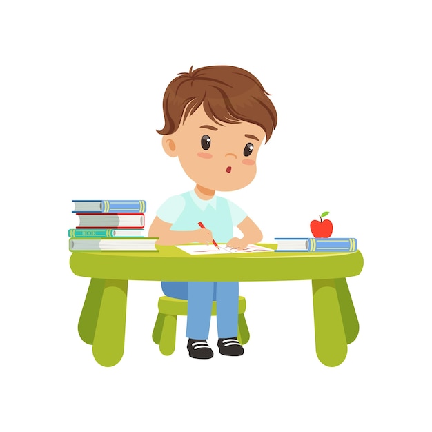 Vector cute little boy character sitting at the table and writing in a notebookvector illustration isolated on a white background