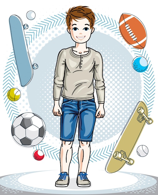 Cute little boy child standing in stylish casual clothes. Vector beautiful human illustration. Fashion theme clipart.