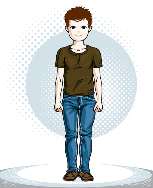 Cute little boy child standing in stylish casual clothes. Vector human illustration. Fashion and lifestyle theme cartoon.