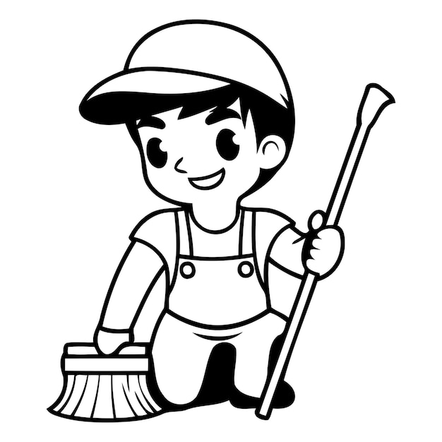 Cute little boy cleaning floor with broom Vector illustration in cartoon style