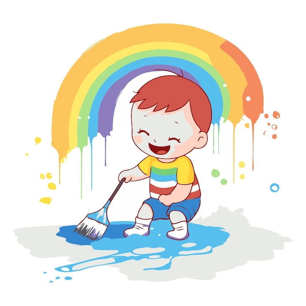 Cute little boy cleaning the floor with brush