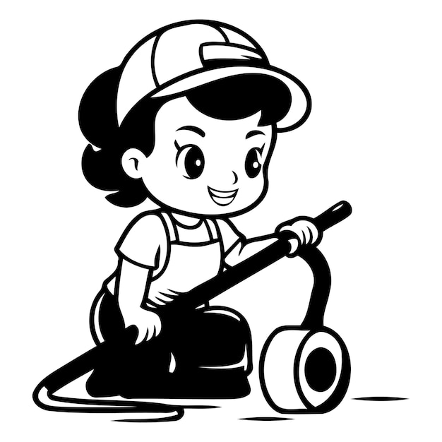 Vector cute little boy cleaning floor with vacuum cleaner cartoon vector illustration
