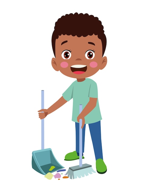 Cute little boy cleaning with broom and shovel