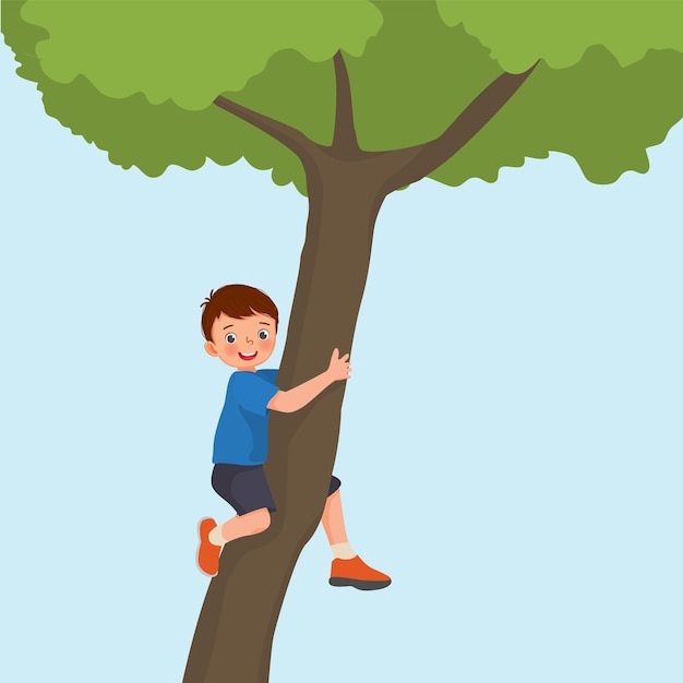 cute little boy climbing big tree in the park