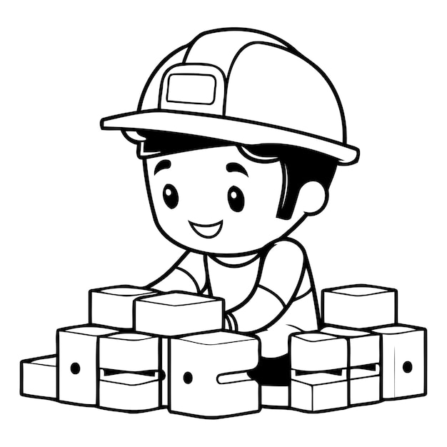 Vettore piccolo ragazzo carino operaio edile in casco che costruisce mattoni illustrazione vettoriale