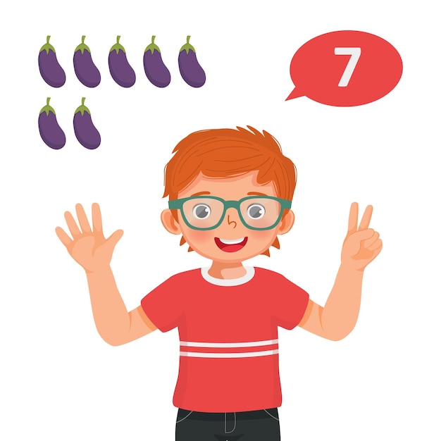 Cute little boy counting with finger showing number seven with hand gesture