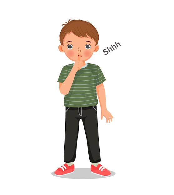 Vector cute little boy doing silence gesture putting his finger on lip asking to be quiet