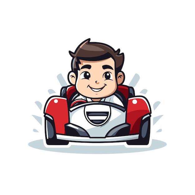 cute little boy driving a race car cartoon vector graphic design illustration