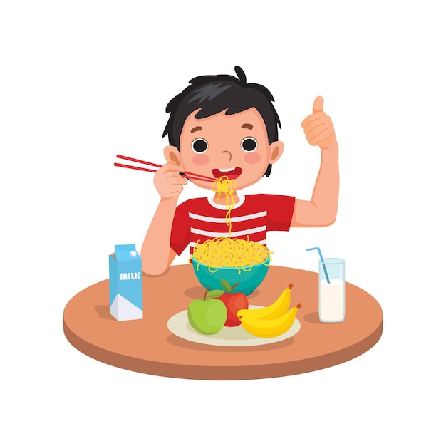 Cute little boy eating delicious noodles with chopsticks and showing thumb up