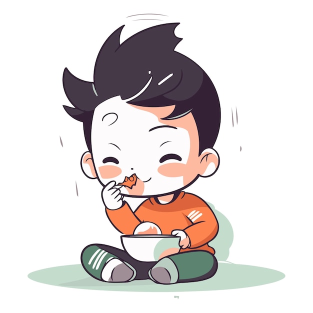 Vector cute little boy eating a snack in cartoon style