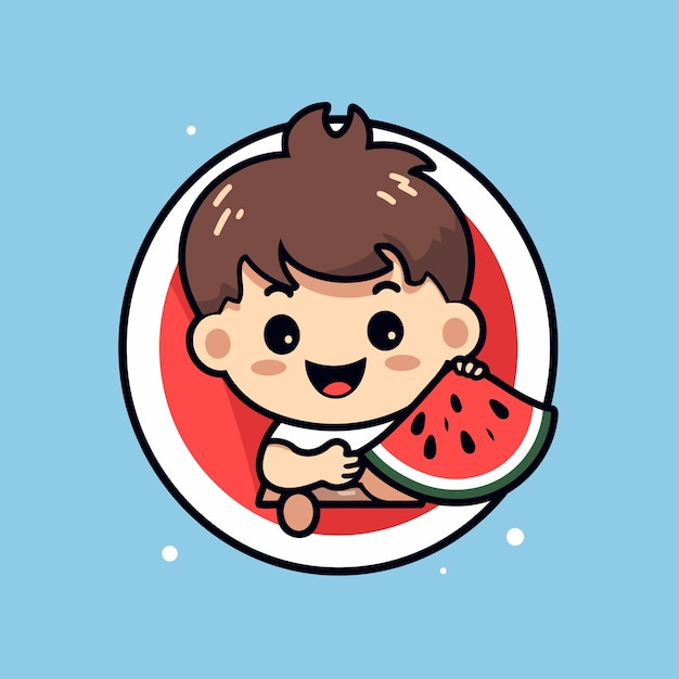 Vector cute little boy eating watermelon vector cartoon character illustration