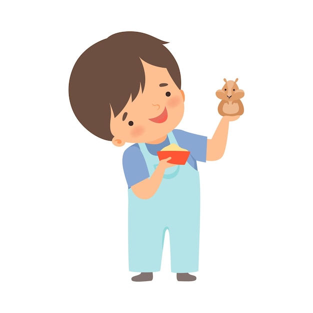 Vector cute little boy feeding his hamster adorable kid caring for animal cartoon vector illustration