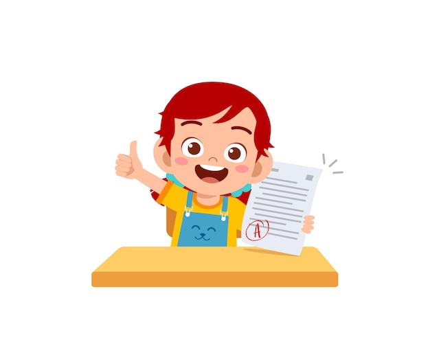 Vector cute little boy feel happy because get good grade from exam