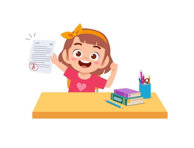 Vector cute little boy feel happy because get good grade from exam