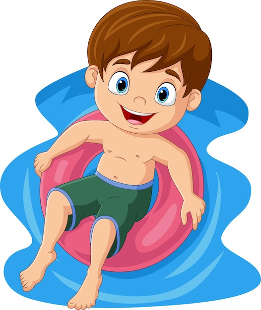 Cute little boy floating on inflatable ring