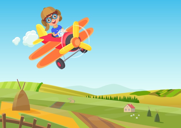 Cute little boy flying in airplane above the fields. Funny flying airplane cartoon