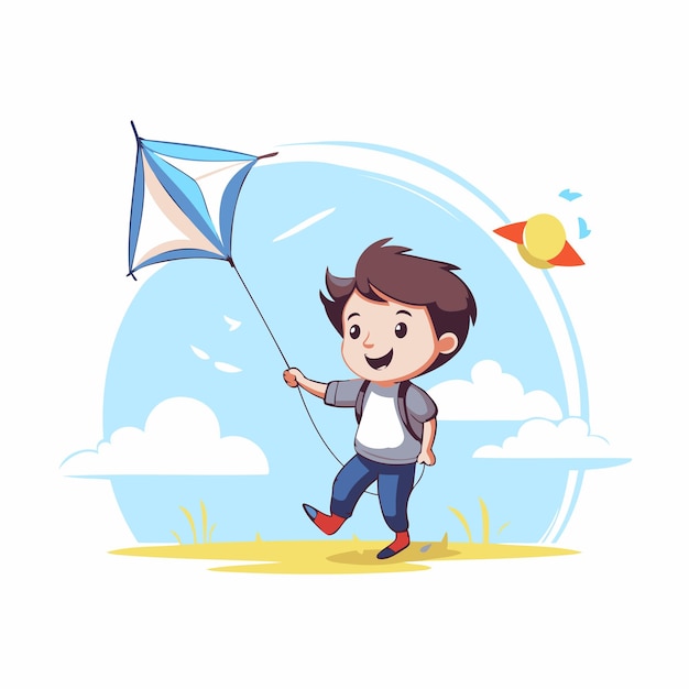 Vector cute little boy flying a kite cartoon vector illustration