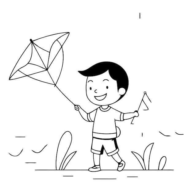 Vector cute little boy flying a kite in the park