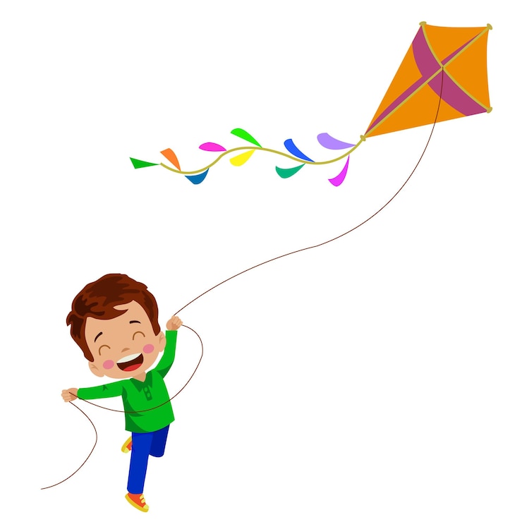 Vector cute little boy flying a kite