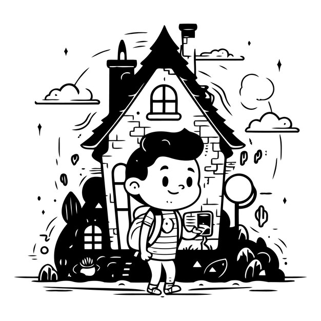 Vector cute little boy in front of a house