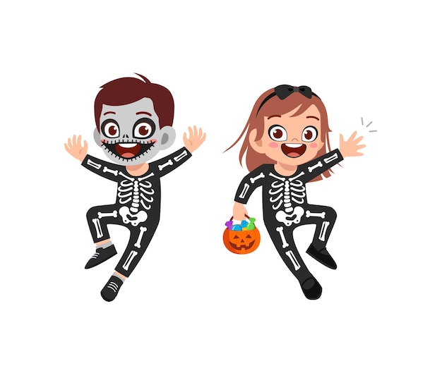 Cute little boy and girl celebrate halloween wear skeleton costume