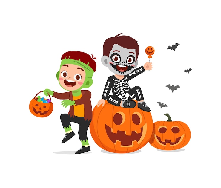 Premium Vector | Cute little boy and girl celebrate halloween with friend