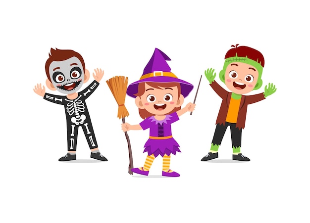 Vector cute little boy and girl celebrate halloween with friend