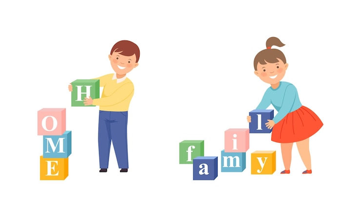 Vector cute little boy and girl making family and home words from toy blocks vector illustration