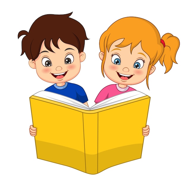 Vector cute little boy and girl reading a book together