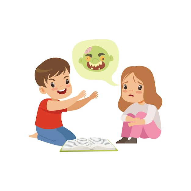 Симпатичный маленький мальчик и девочка читают страшную книгу, детское сказочное воображение, векторная иллюстрация концепции