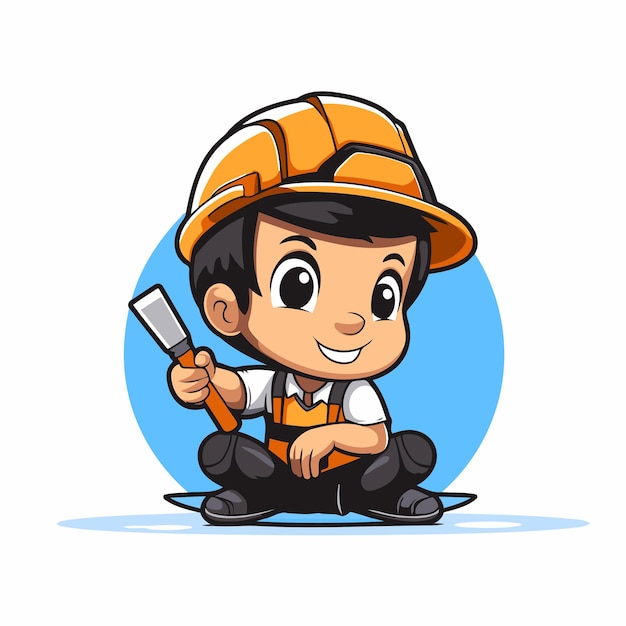 Cute Little Boy In Hard Hat Holding Shovel and Wrench