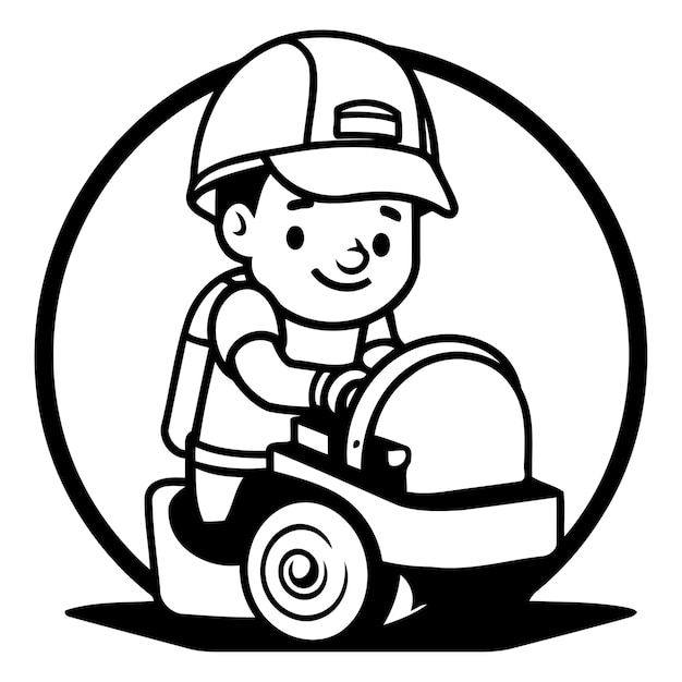 Vector cute little boy in helmet riding a lawn mower vector illustration