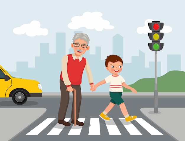 Cute little boy help elderly grandfather crossing street at the pedestrian traffic