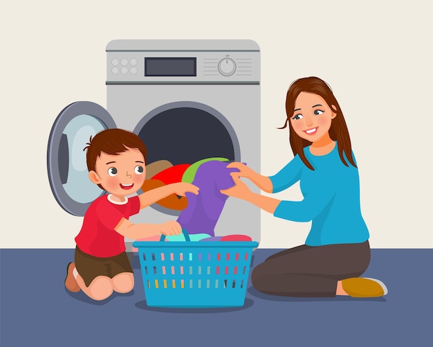 cute little boy helping his mother doing laundry with washing machine