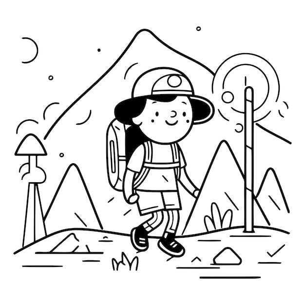 Милый маленький мальчик, гуляющий в горах. Иллюстрация векторной линии.
