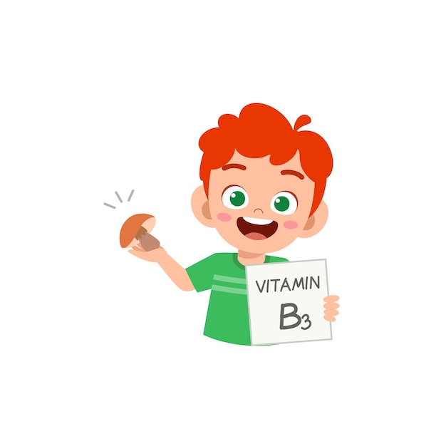 Cute little boy holding fruit and vitamin card