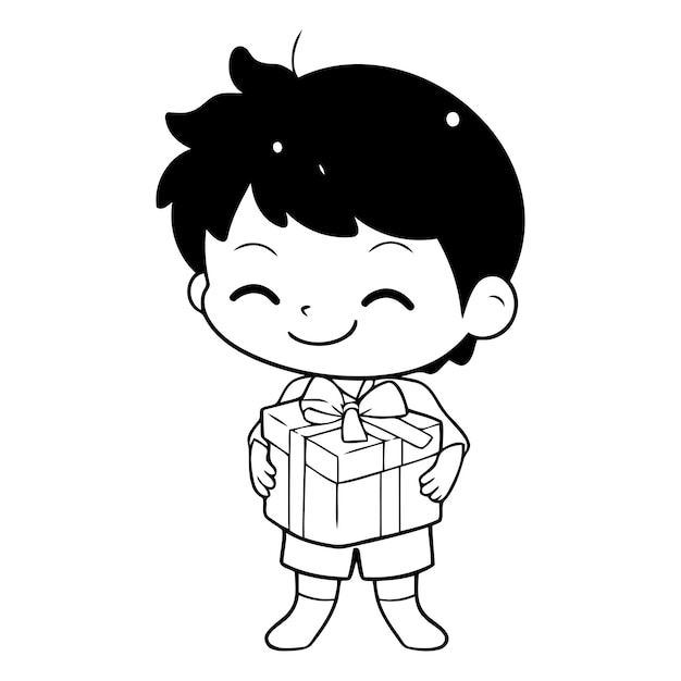 Vector cute little boy holding a gift box and smiling