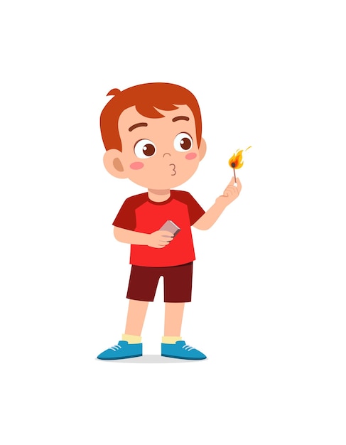 Cute little boy holding match stick with fire