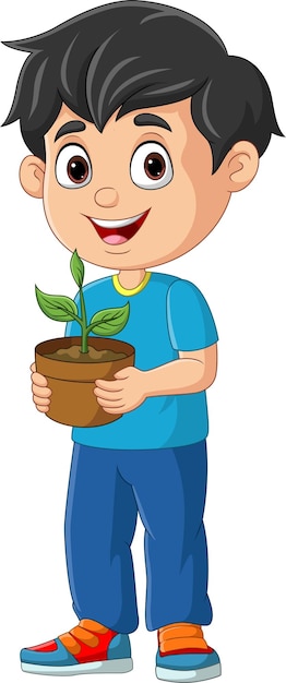 Cute little boy holding plants in pot