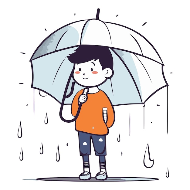 Cute little boy holding an umbrella in rainy weather