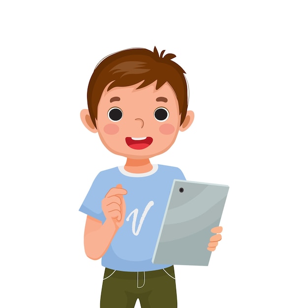 Vector cute little boy holding and using digital tablet touching screen browsing internet doing homework