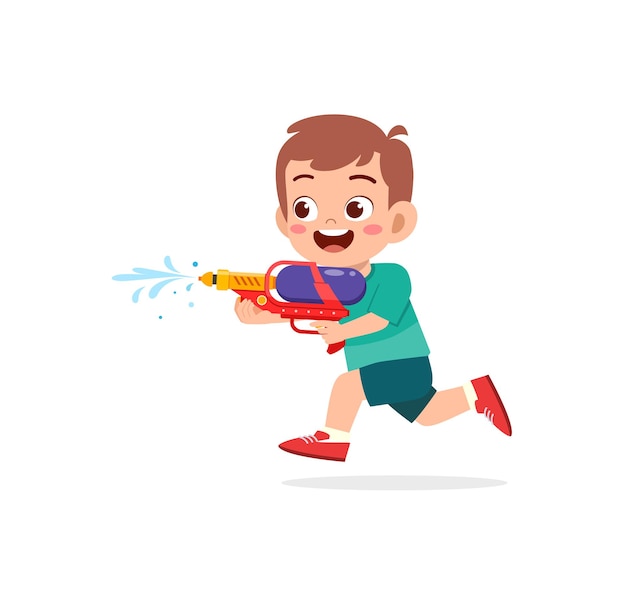 Vector cute little boy holding water gun and smile