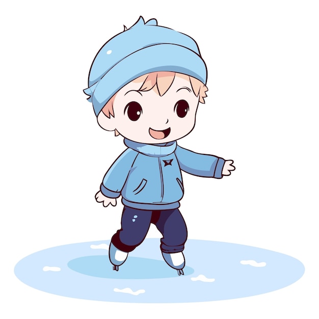 Cute little boy ice skating on ice Cartoon vector illustration