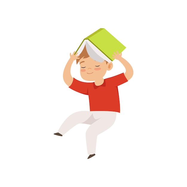 Cute little boy jumping with book on his head kid playing and learning vector Illustration isolated on a white background